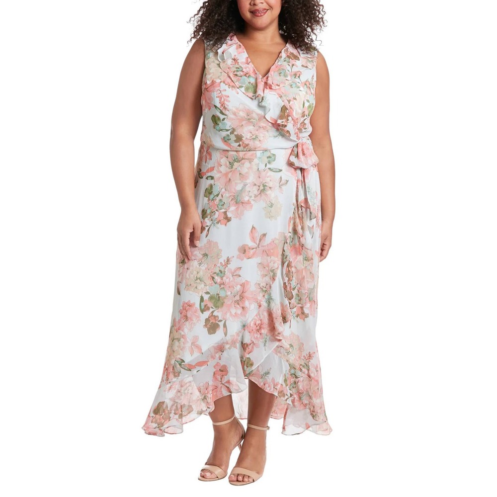London Times Woman Floral Ruffle High Low Maxi Dress Mint Pink Plus Size 24W NEW